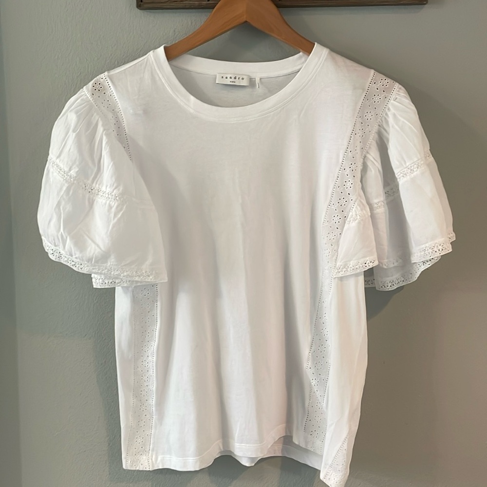 Sandro White Eyelet Puff Sleeve Tee